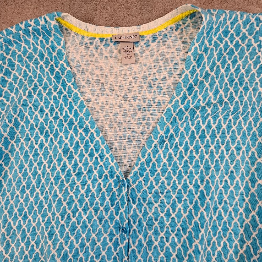 Catherines Cardigan Sweater Women's 4X Teal Lightweight Quatrefoil Short‎ Sleeve
